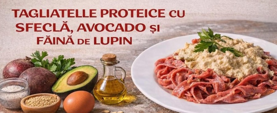  TAGLIATELLE PROTEICE cu SFECLĂ, AVOCADO ȘI FĂINĂ DE LUPIN